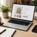 Laptop workspace showing a creator setting up an online store to sell digital products