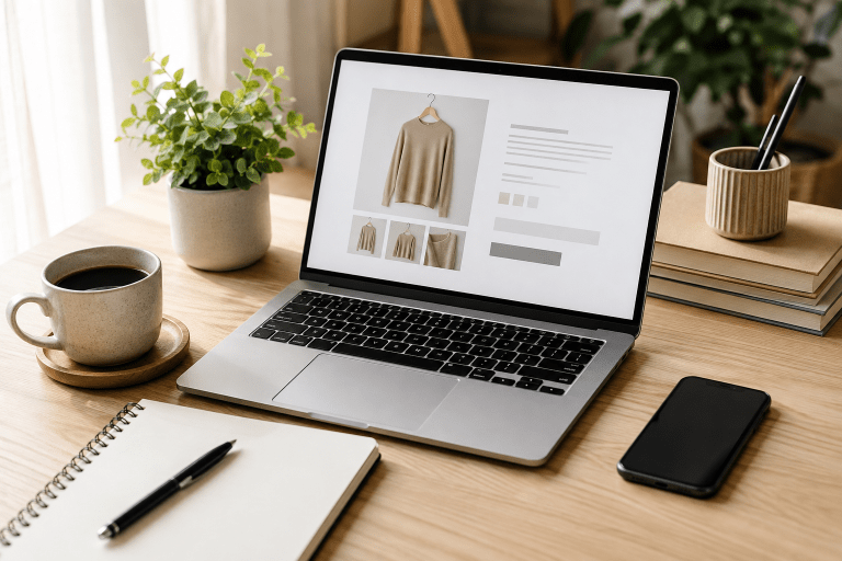 Laptop workspace showing a creator setting up an online store to sell digital products