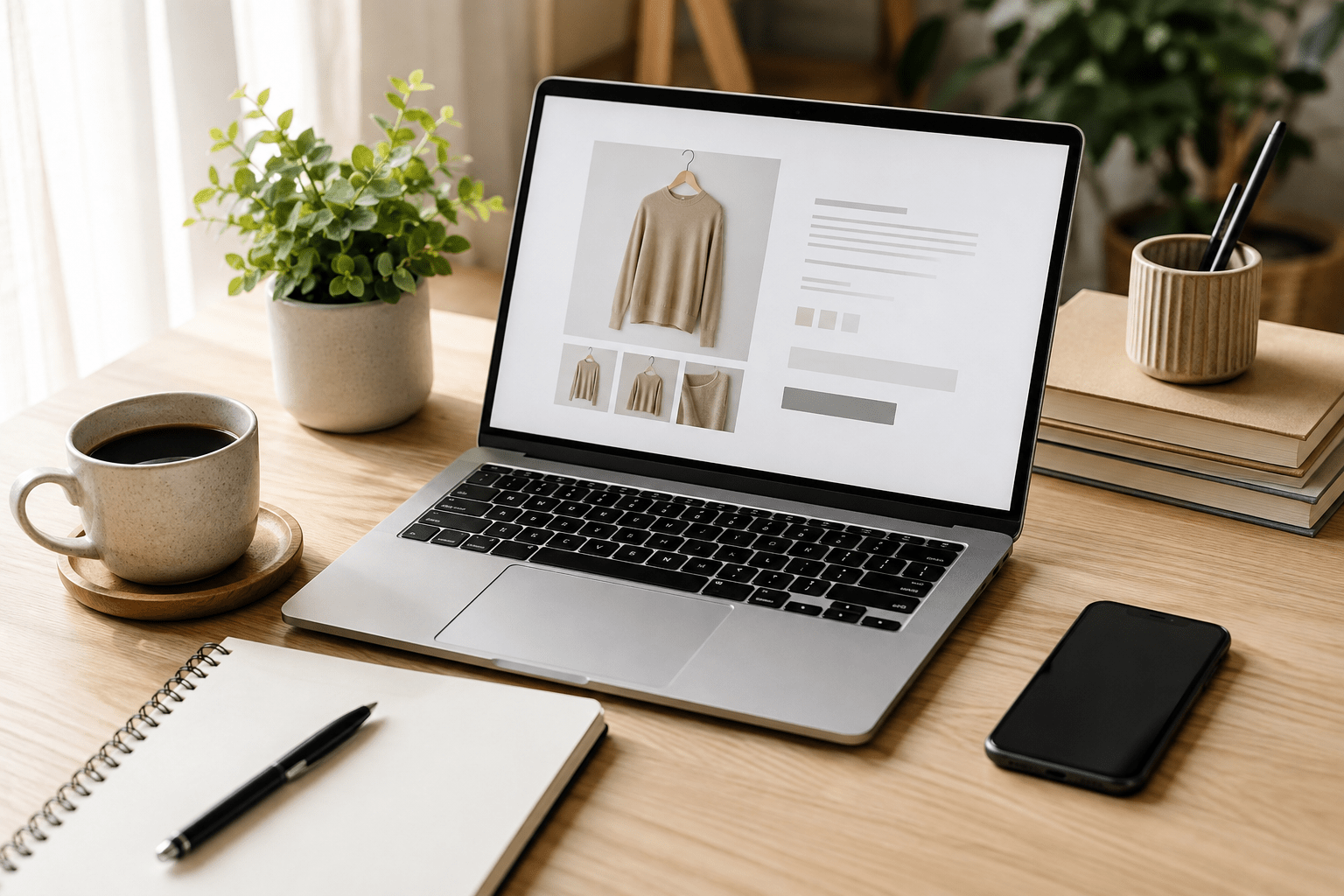 Laptop workspace showing a creator setting up an online store to sell digital products