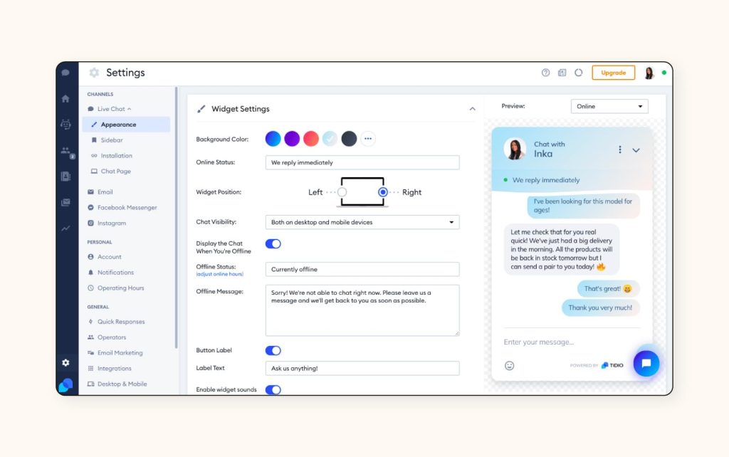 Lyro - Tidio live chat dashboard interface